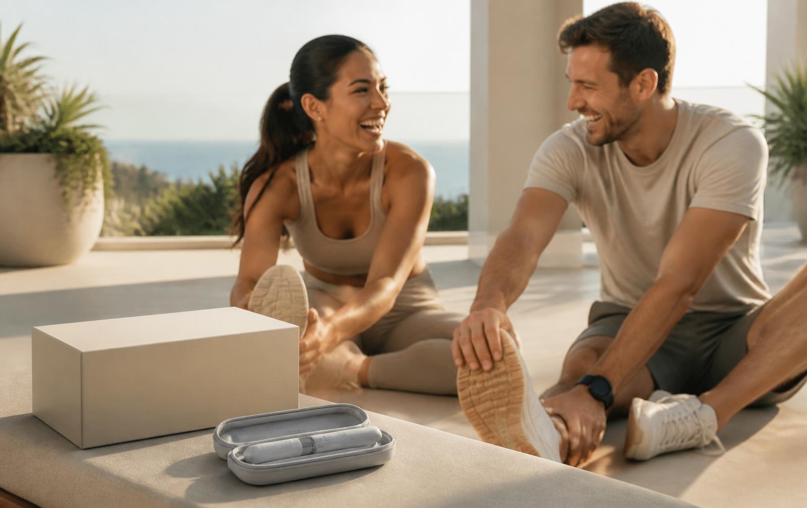 A couple stretching after training with their unbranded shipment nearby